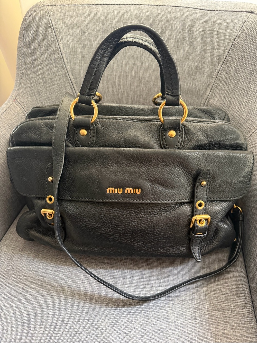 Miu Miu Black Leather Satchel with Gold Hardware Accents